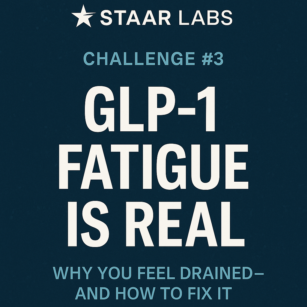 STAAR LABS blog thumbnail for Challenge #3: GLP-1 Fatigue is Real, showing bold white text on a dark blue background with a clean modern layout.”