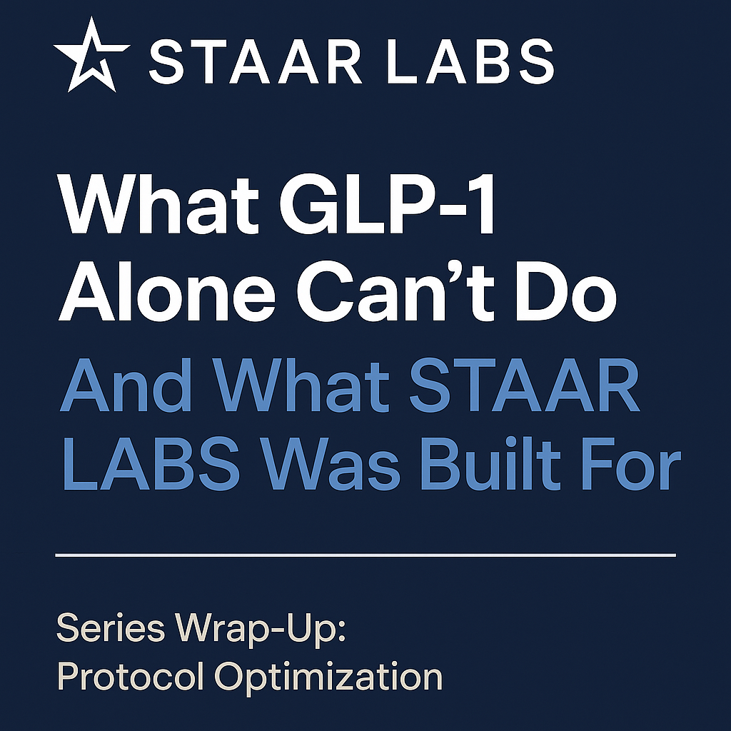 STAAR LABS blog thumbnail for series wrap-up post: What GLP-1 Alone Can’t Do (And What STAAR LABS Was Built For), featuring white and blue text on a navy background.