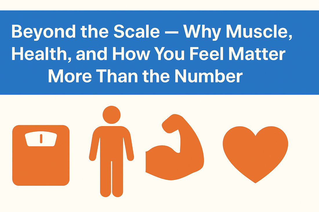 Thumbnail for article titled ‘Beyond the Scale — Why Muscle, Health, and How You Feel Matter More Than the Number’ featuring icons of a scale, human figure, flexed bicep, and heart on a beige background.