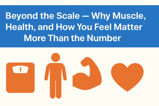 Thumbnail for article titled ‘Beyond the Scale — Why Muscle, Health, and How You Feel Matter More Than the Number’ featuring icons of a scale, human figure, flexed bicep, and heart on a beige background.