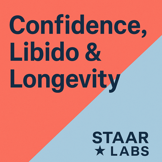 Thumbnail for STAAR LABS Article: Confidence, Libido & Longevity — bold navy text over coral and light blue diagonal split background, STAAR LABS logo in bottom right.