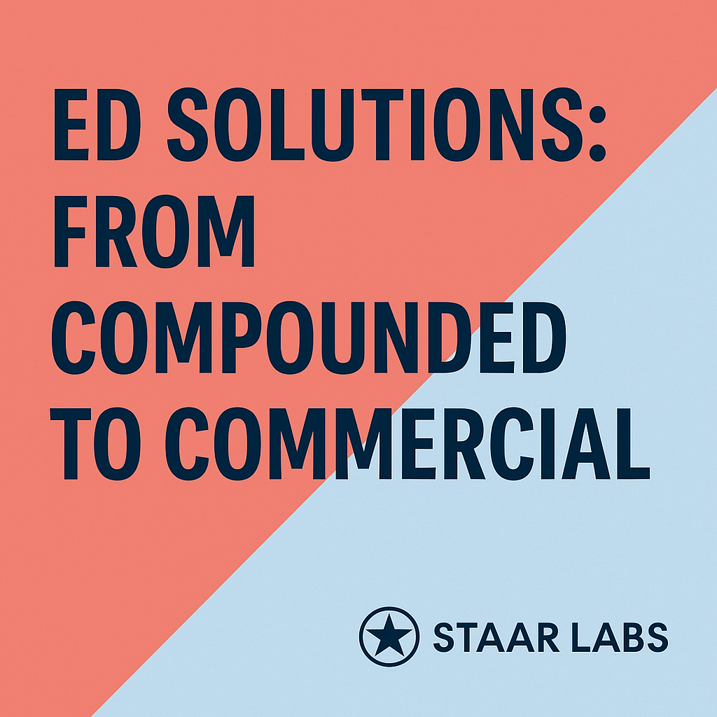 Thumbnail for STAAR LABS Article: ED Solutions: From Compounded to Commercial — bold navy text on a diagonal split background of coral and light blue, with STAAR LABS logo in bottom right.