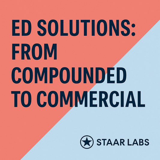 Thumbnail for STAAR LABS Article: ED Solutions: From Compounded to Commercial — bold navy text on a diagonal split background of coral and light blue, with STAAR LABS logo in bottom right.