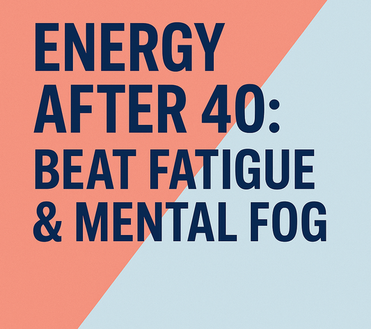 Thumbnail for STAAR LABS Article: Energy After 40: Beat Fatigue & Mental Fog — bold navy text over coral and light blue diagonal split background, STAAR LABS logo in bottom right.