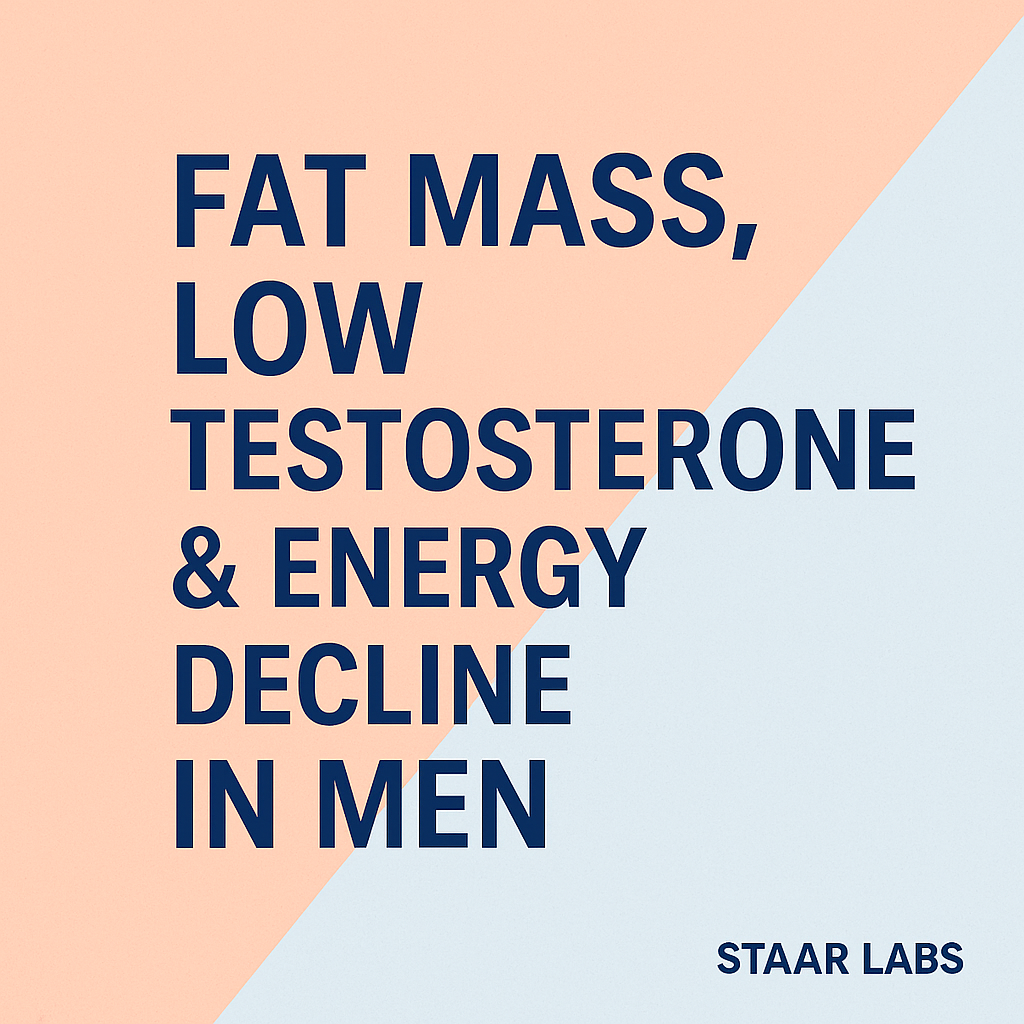 Thumbnail for STAAR LABS Article: Fat Mass, Low Testosterone & Energy Decline in Men — bold navy text on a diagonal split background of light coral and pastel blue, modern clean design with STAAR LABS logo.