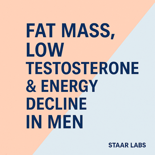 Thumbnail for STAAR LABS Article: Fat Mass, Low Testosterone & Energy Decline in Men — bold navy text on a diagonal split background of light coral and pastel blue, modern clean design with STAAR LABS logo.