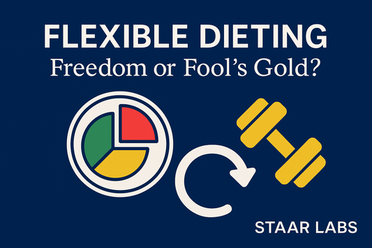 Thumbnail for STAAR LABS Flexible Dieting Blog showing text “Flexible Dieting: Freedom or Fool’s Gold?” with icons of a colorful macro pie chart, reset arrow, and yellow dumbbell on a deep blue background.