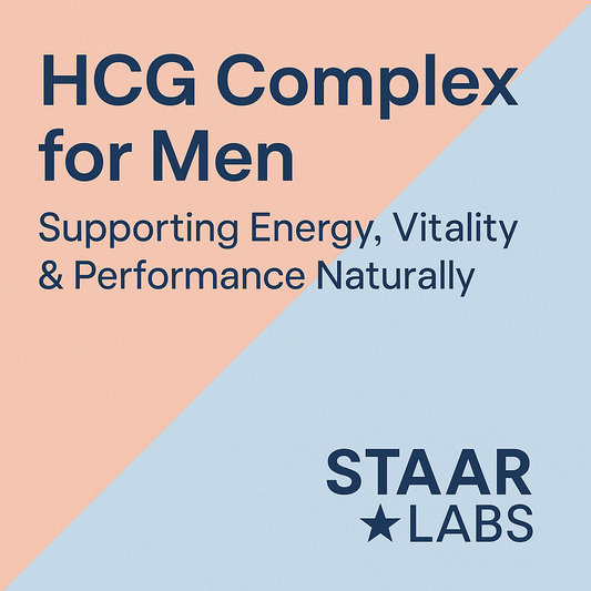 Thumbnail for STAAR LABS Article: HCG Complex for Men — bold navy text over a diagonal split background of muted coral and light blue, with STAAR LABS logo in the bottom right, clean modern design