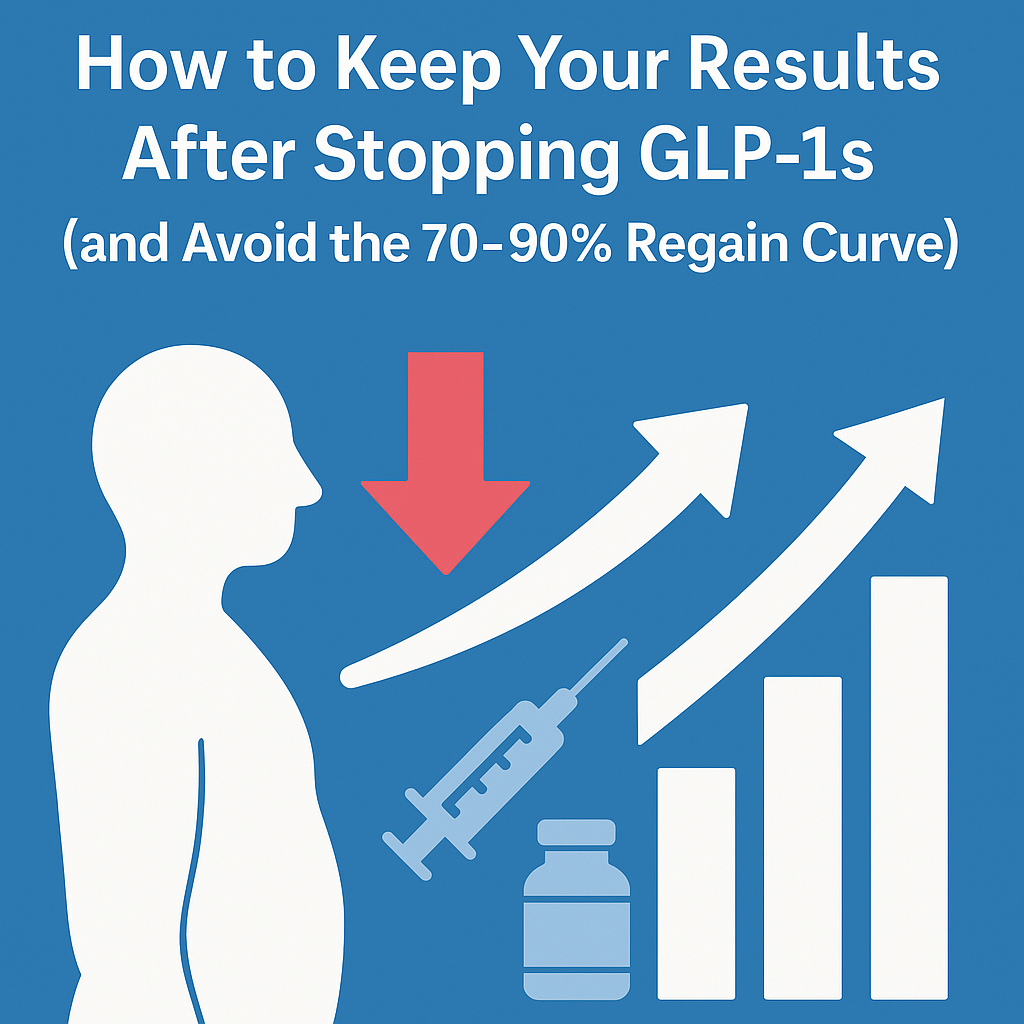 Thumbnail for article titled ‘How to Keep Your Results After Stopping GLP-1s (and Avoid the 70–90% Regain Curve)’ featuring a silhouette, syringe, bottle, bar chart, and arrows symbolizing weight maintenance post-therapy.