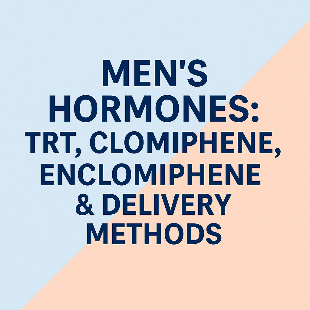 Thumbnail for STAAR LABS Article: Men’s Hormones: TRT, Clomiphene, Enclomiphene & Delivery Methods — bold navy text over a diagonal split background of light blue and peach, clean modern design.