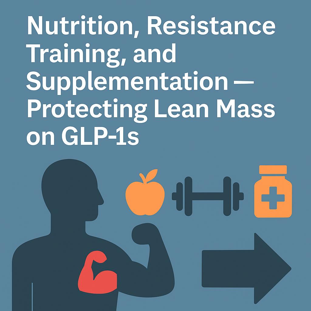 Thumbnail graphic for article titled ‘Nutrition, Resistance Training, and Supplementation — Protecting Lean Mass on GLP-1s’ showing a silhouette with a flexing arm, apple, dumbbell, and supplement bottle icons representing key strategies.