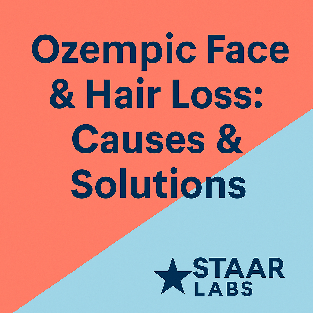 Thumbnail for STAAR LABS Article: Ozempic Face & Hair Loss: Causes & Solutions — bold navy text over coral and light blue diagonal split background, STAAR LABS logo in bottom right