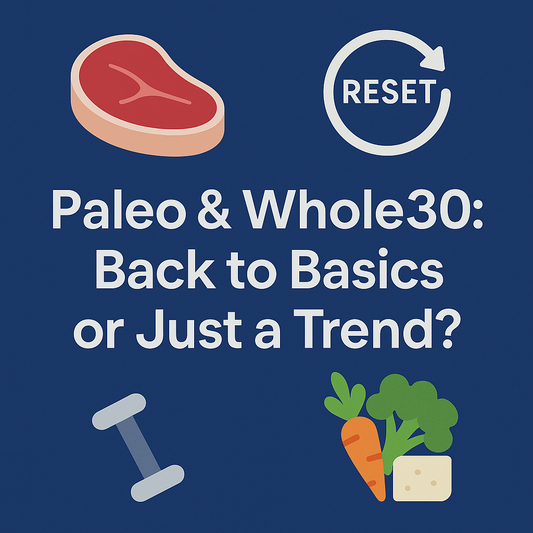 Thumbnail for STAAR LABS Paleo & Whole30 Blog showing text “Paleo & Whole30: Back to Basics or Just a Trend?” with icons of steak, reset arrow, dumbbell, carrot, broccoli, and cheese on a deep blue background.