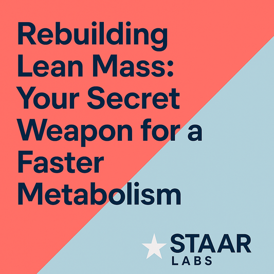 Thumbnail for STAAR LABS Article: Rebuilding Lean Mass: Your Secret Weapon for a Faster Metabolism — bold navy text over diagonal split background of coral and light blue, STAAR LABS logo in bottom right.