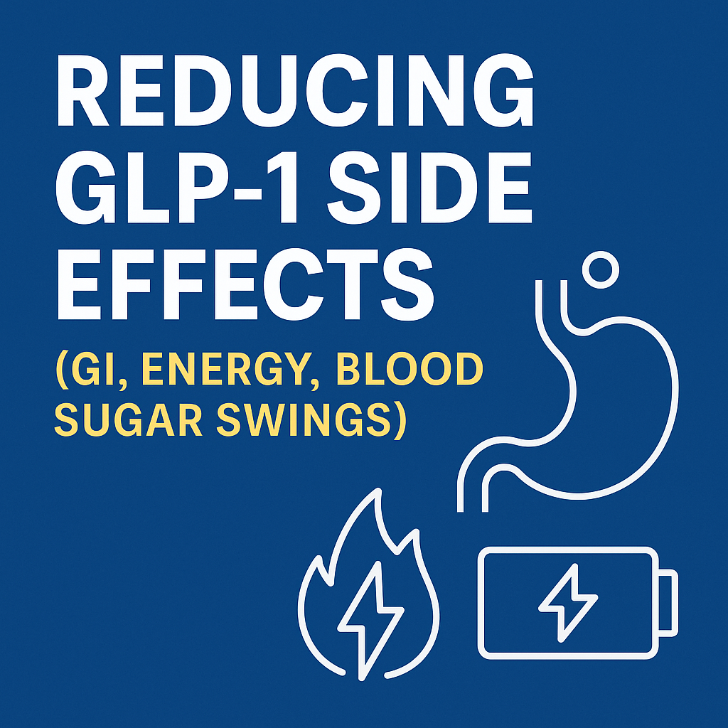 Thumbnail for blog titled ‘Reducing GLP-1 Side Effects (GI, Energy, Blood Sugar Swings)’ with bold white and yellow text on a deep blue background, alongside white line illustrations of a stomach, flame, and battery icon.
