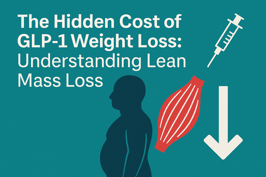 Thumbnail graphic for blog titled ‘The Hidden Cost of GLP-1 Weight Loss: Understanding Lean Mass Loss’ featuring a silhouette, red muscle icon, syringe, and downward arrow representing muscle decline.