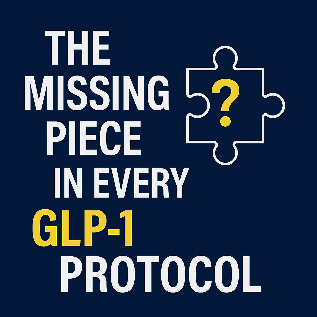 Thumbnail for blog titled ‘The Missing Piece in Every GLP-1 Protocol’ with bold white and yellow text on a dark blue background, featuring a white puzzle piece icon with a yellow question mark.