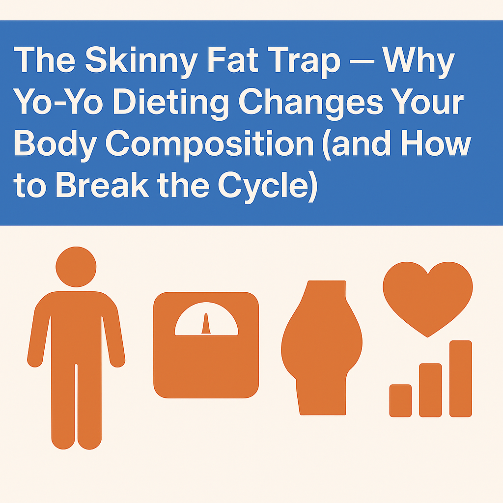 Thumbnail for article titled ‘The Skinny Fat Trap — Why Yo-Yo Dieting Changes Your Body Composition (and How to Break the Cycle)’ featuring icons of a human figure, scale, body silhouette, heart, and rising bar graph on a beige background.