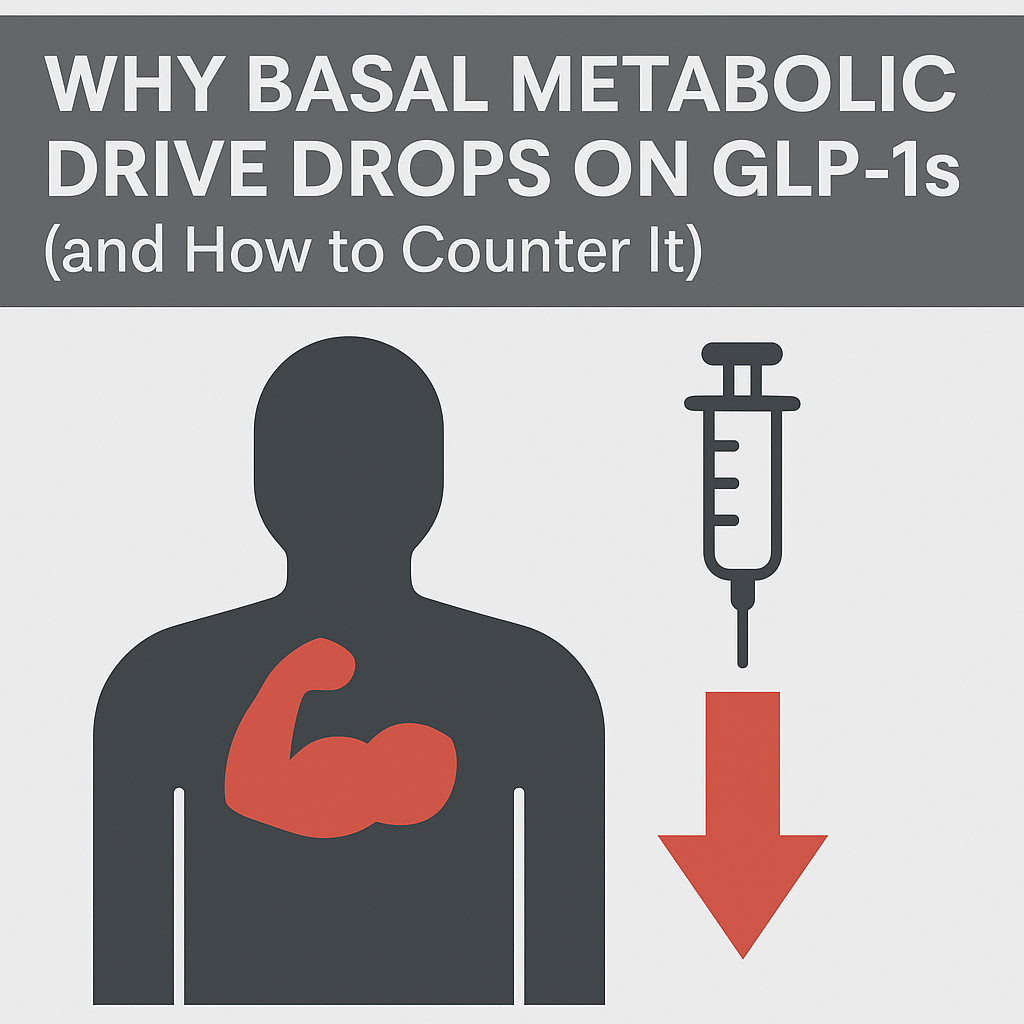 Thumbnail graphic for article titled ‘Why Basal Metabolic Drive Drops on GLP-1s (and How to Counter It)’ showing a human silhouette with a flexing arm icon, syringe, and downward arrow representing metabolic slowdown.