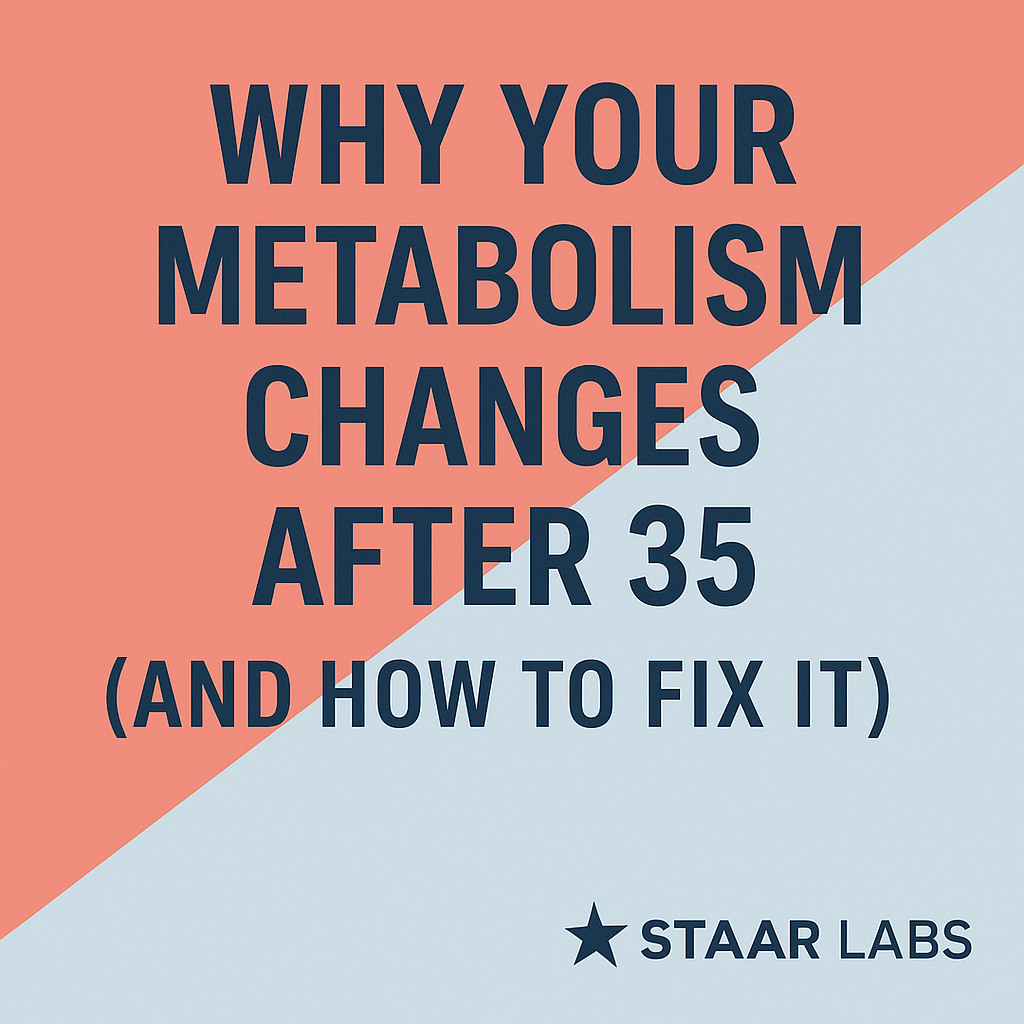 Thumbnail for STAAR LABS Article: Why Your Metabolism Changes After 35 (And How to Fix It) — bold navy text over diagonal split background of coral and light blue, with STAAR LABS logo in bottom right.