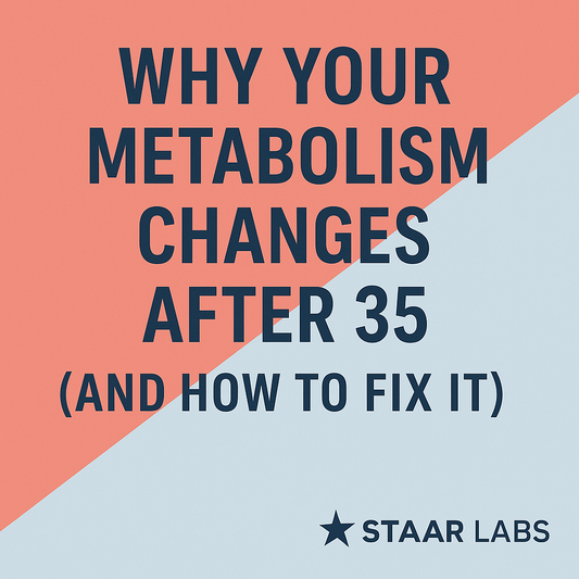 Thumbnail for STAAR LABS Article: Why Your Metabolism Changes After 35 (And How to Fix It) — bold navy text over diagonal split background of coral and light blue, with STAAR LABS logo in bottom right.