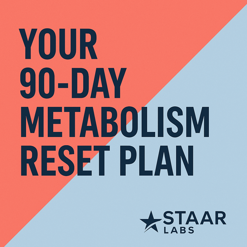 Thumbnail for STAAR LABS Article: Your 90-Day Metabolism Reset Plan — bold navy text over coral and light blue diagonal split background, STAAR LABS logo in bottom right.