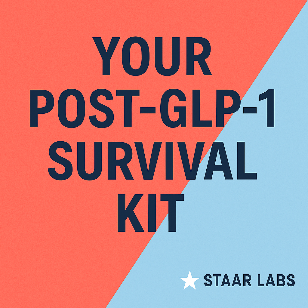 Thumbnail for STAAR LABS Article: Your Post-GLP-1 Survival Kit — bold navy text over coral and light blue diagonal split background, STAAR LABS logo in bottom right.