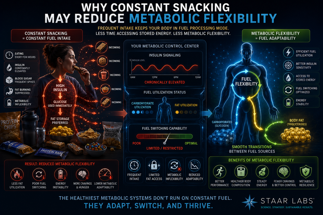 Futuristic metabolic health illustration showing continuous snacking, insulin signaling, fuel utilization, energy storage, and reduced metabolic flexibility compared to efficient transitions between stored and incoming fuel sources.