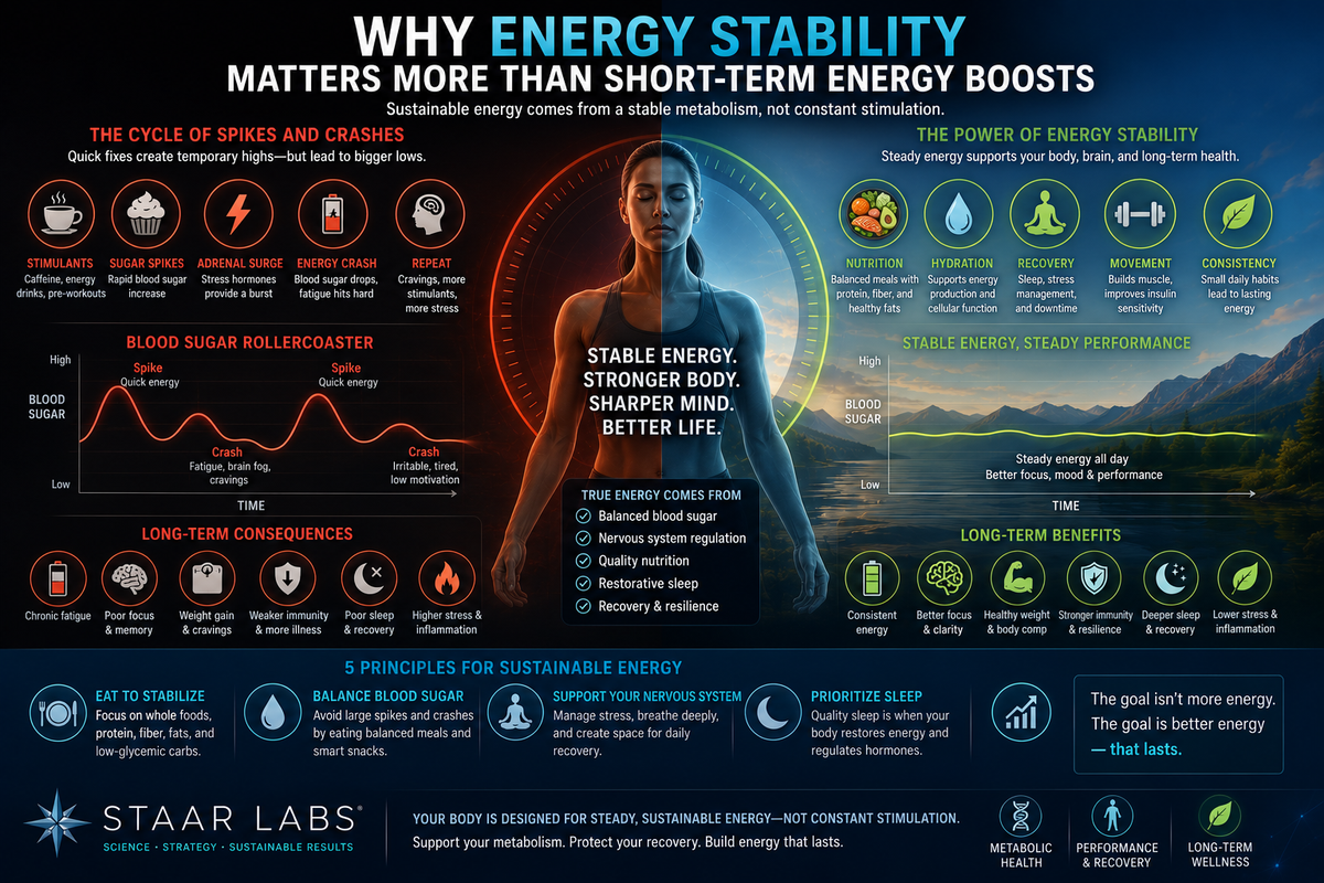 Futuristic metabolic health illustration showing stable energy regulation, blood sugar balance, nervous system recovery, metabolic flexibility, and sustainable energy physiology versus temporary stimulation and energy crashes.