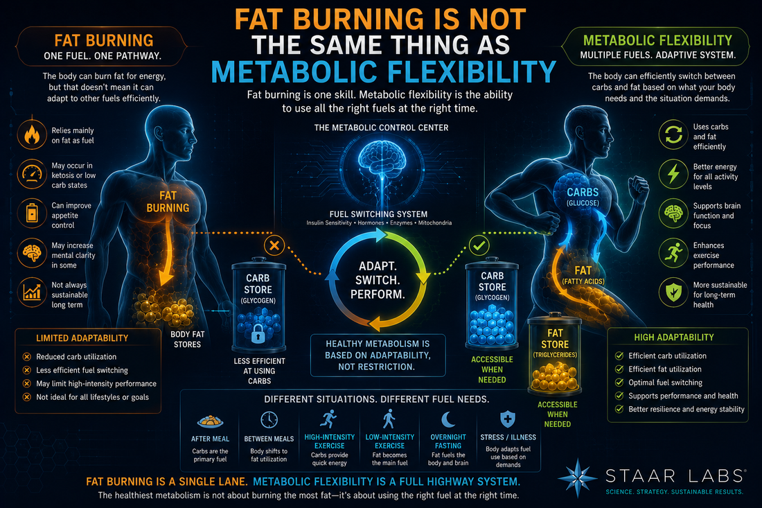 Futuristic metabolic health illustration comparing fat burning and metabolic flexibility