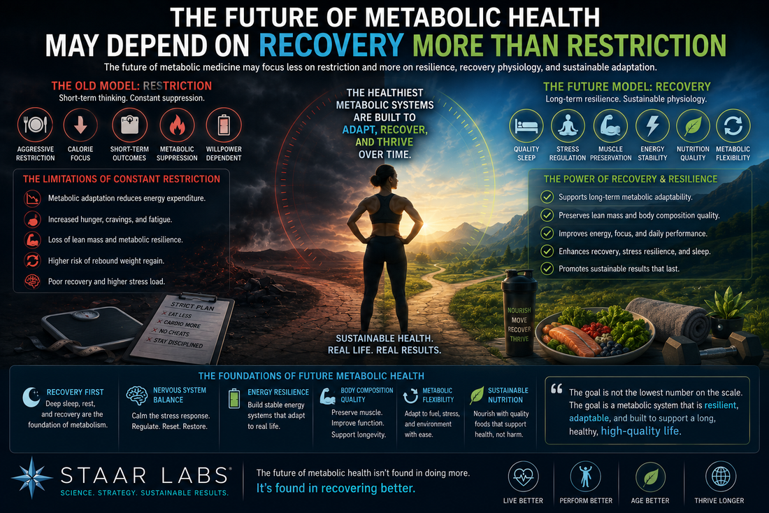 Futuristic metabolic health illustration showing recovery physiology, nervous system balance, energy resilience, body composition sustainability, metabolic flexibility, and long-term adaptive health replacing aggressive restriction models.