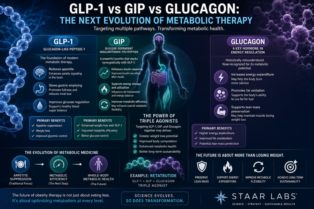 Scientific illustration comparing GLP-1, GIP, and glucagon signaling pathways in next-generation metabolic therapy, featuring futuristic metabolic medicine visualization and body composition concepts.