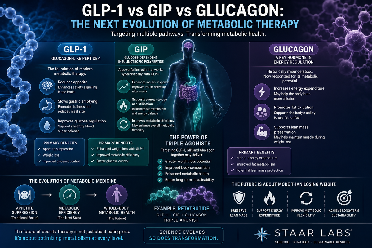 Scientific illustration comparing GLP-1, GIP, and glucagon signaling pathways in next-generation metabolic therapy, featuring futuristic metabolic medicine visualization and body composition concepts.
