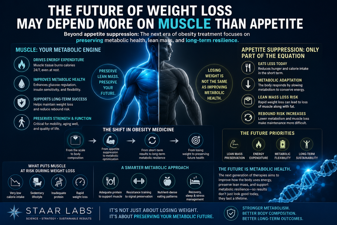 Futuristic metabolic medicine illustration showing lean muscle preservation, body composition optimization, and long-term metabolic health as the future focus of obesity therapy beyond appetite suppression.