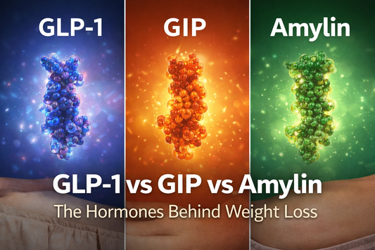 Diagram illustrating the roles of GLP-1, GIP, and amylin hormones in appetite control, metabolism, and weight loss regulation