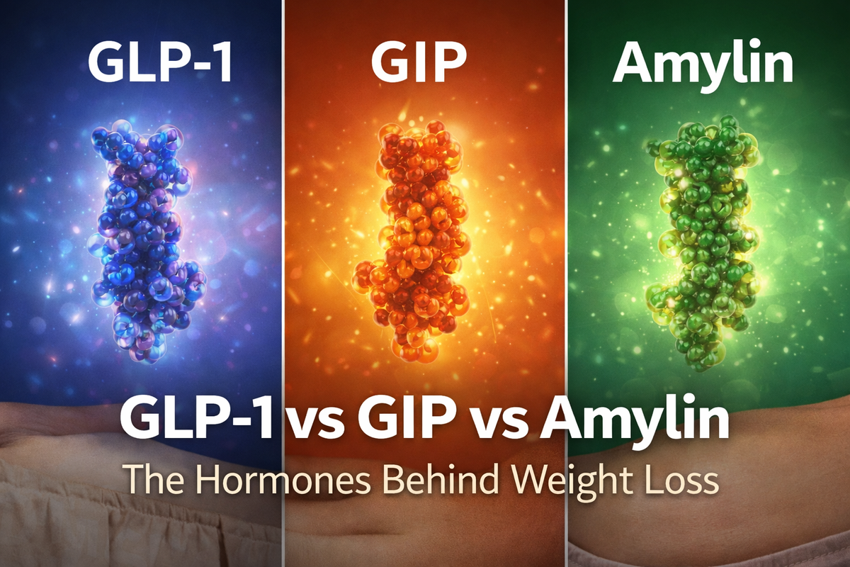 Diagram illustrating the roles of GLP-1, GIP, and amylin hormones in appetite control, metabolism, and weight loss regulation