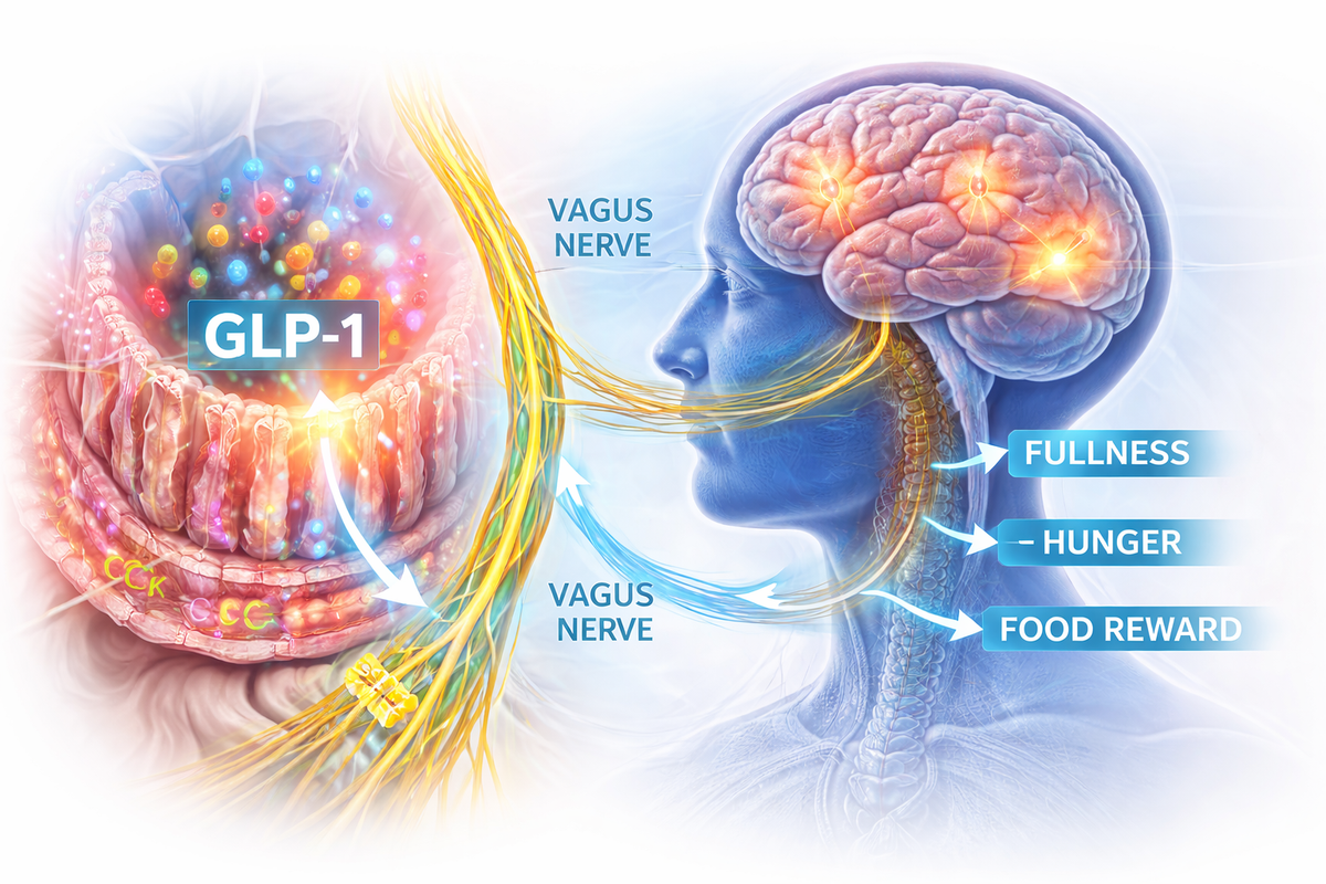 GLP-1 gut–brain axis diagram showing communication between intestine and brain regulating hunger and fullness
