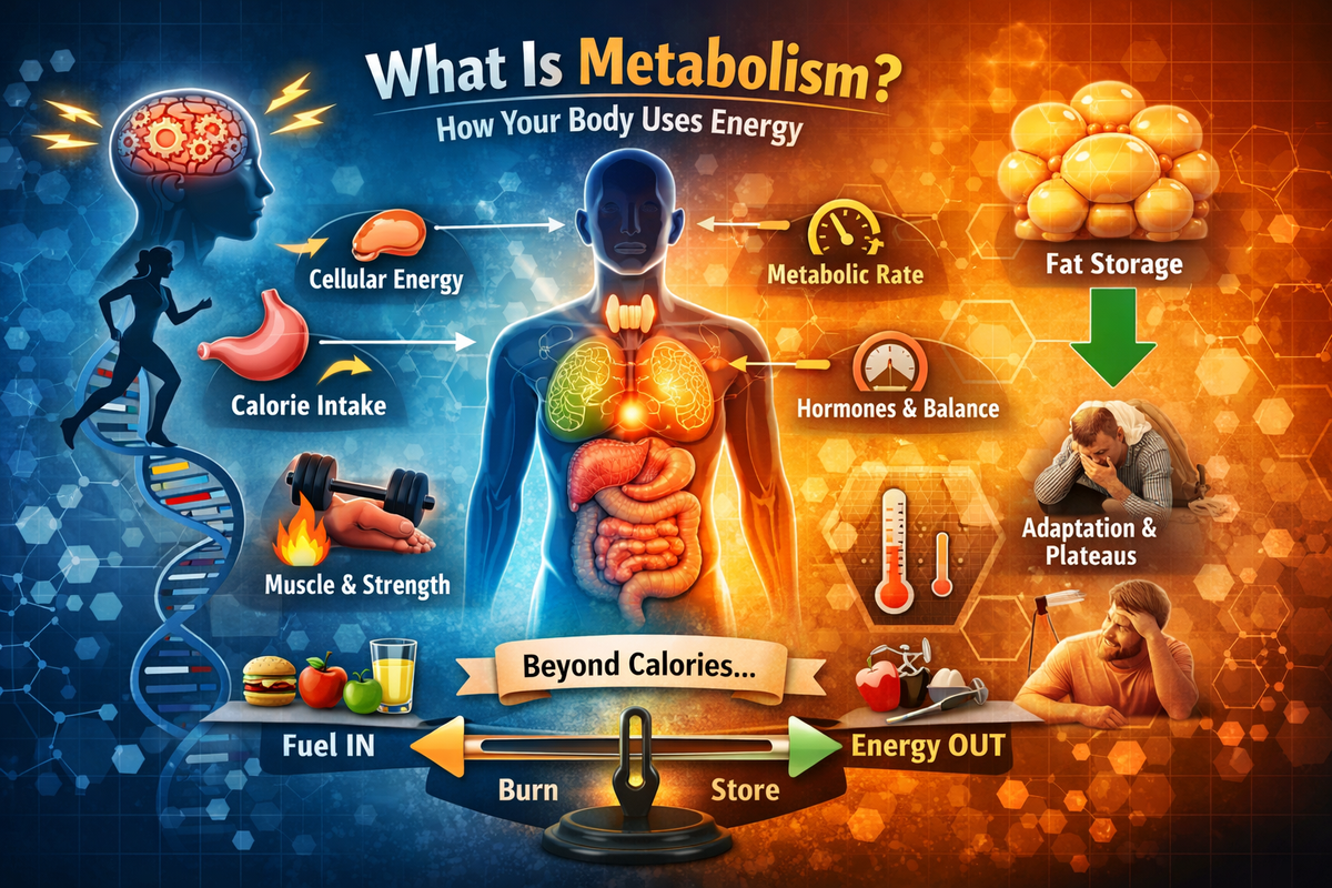 Diagram showing how GLP-1 medications suppress appetite but do not correct metabolic adaptation, explaining why weight loss can plateau or rebound without metabolic support.