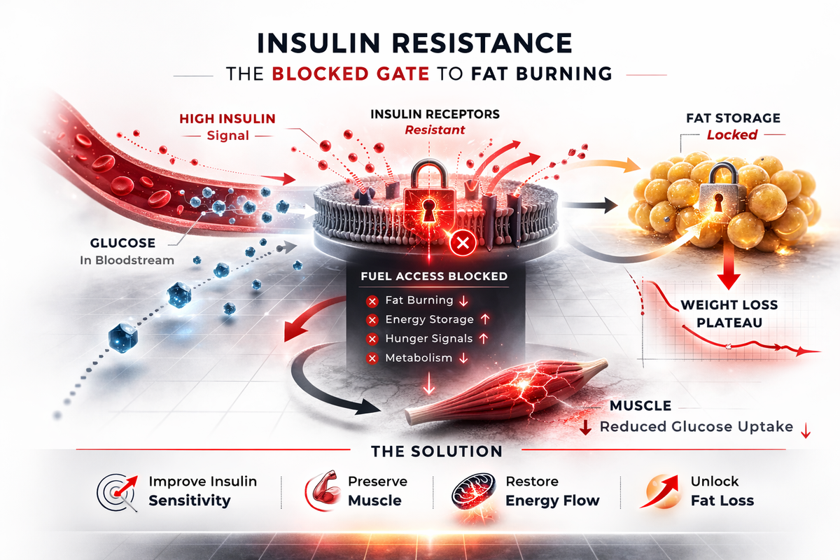 Medical-style infographic showing insulin resistance as a ‘blocked gate’ that limits fuel access and contributes to GLP-1 weight loss plateaus.