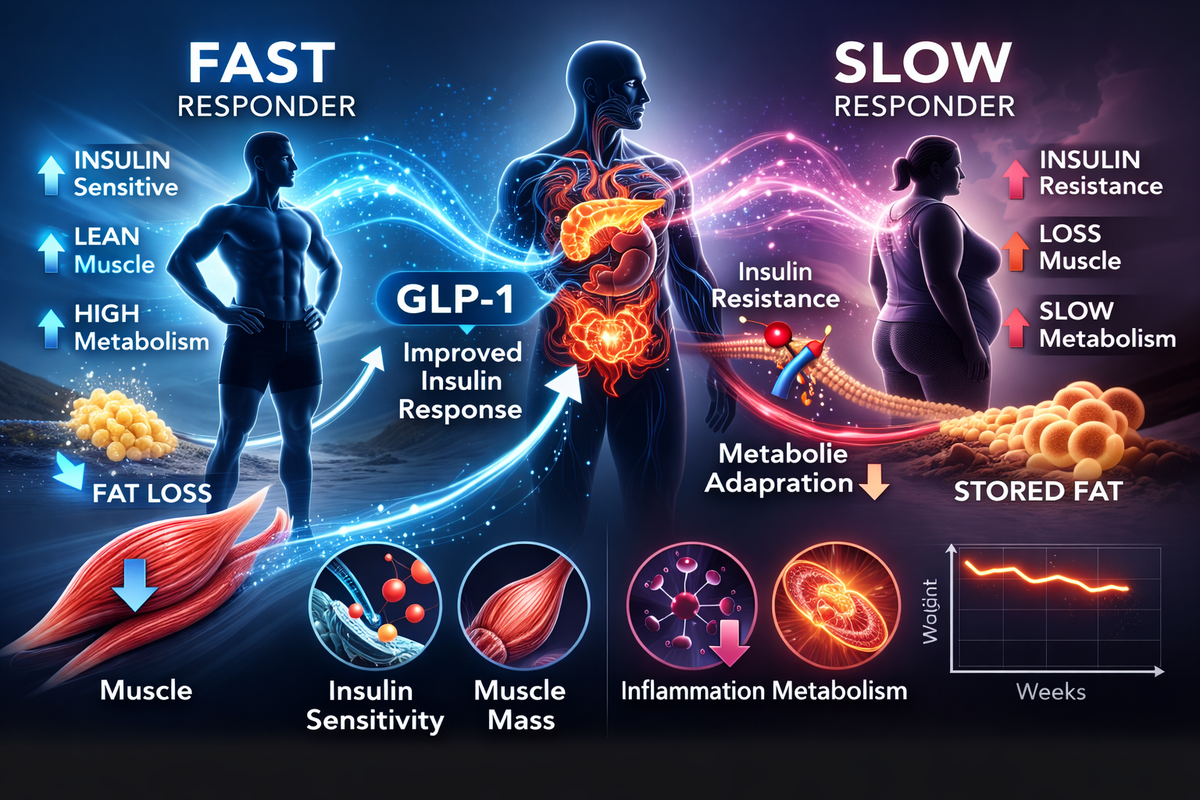Illustration showing metabolic pathways influencing GLP-1 weight loss response including insulin resistance, muscle mass, appetite signaling, and inflammation.