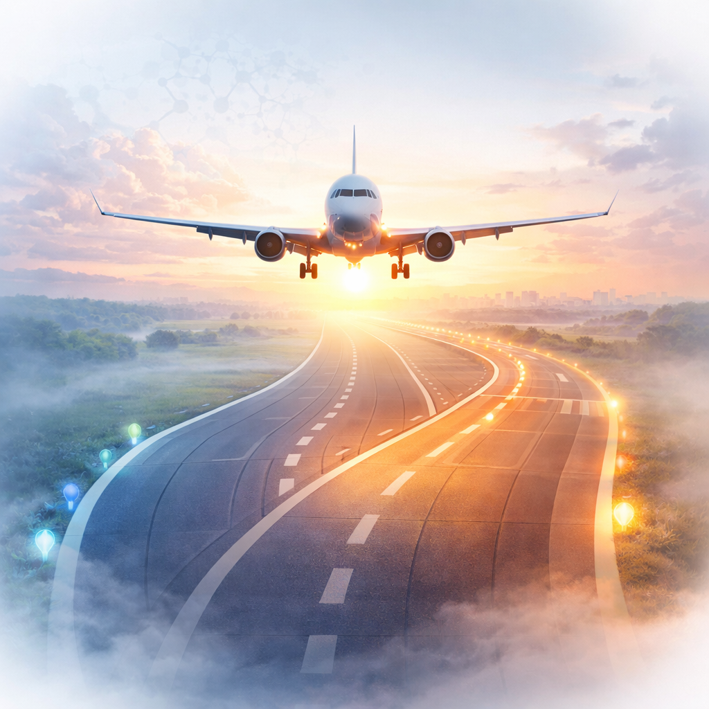 Illustration showing an airplane landing on a runway representing the transition phase after GLP-1 therapy and long-term weight maintenance.