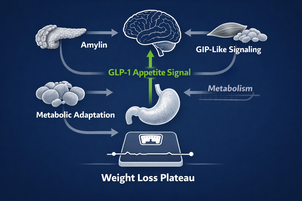 Diagram showing GLP-1 appetite signaling alongside amylin and GIP metabolic pathways explaining why a GLP-1 weight loss plateau occurs