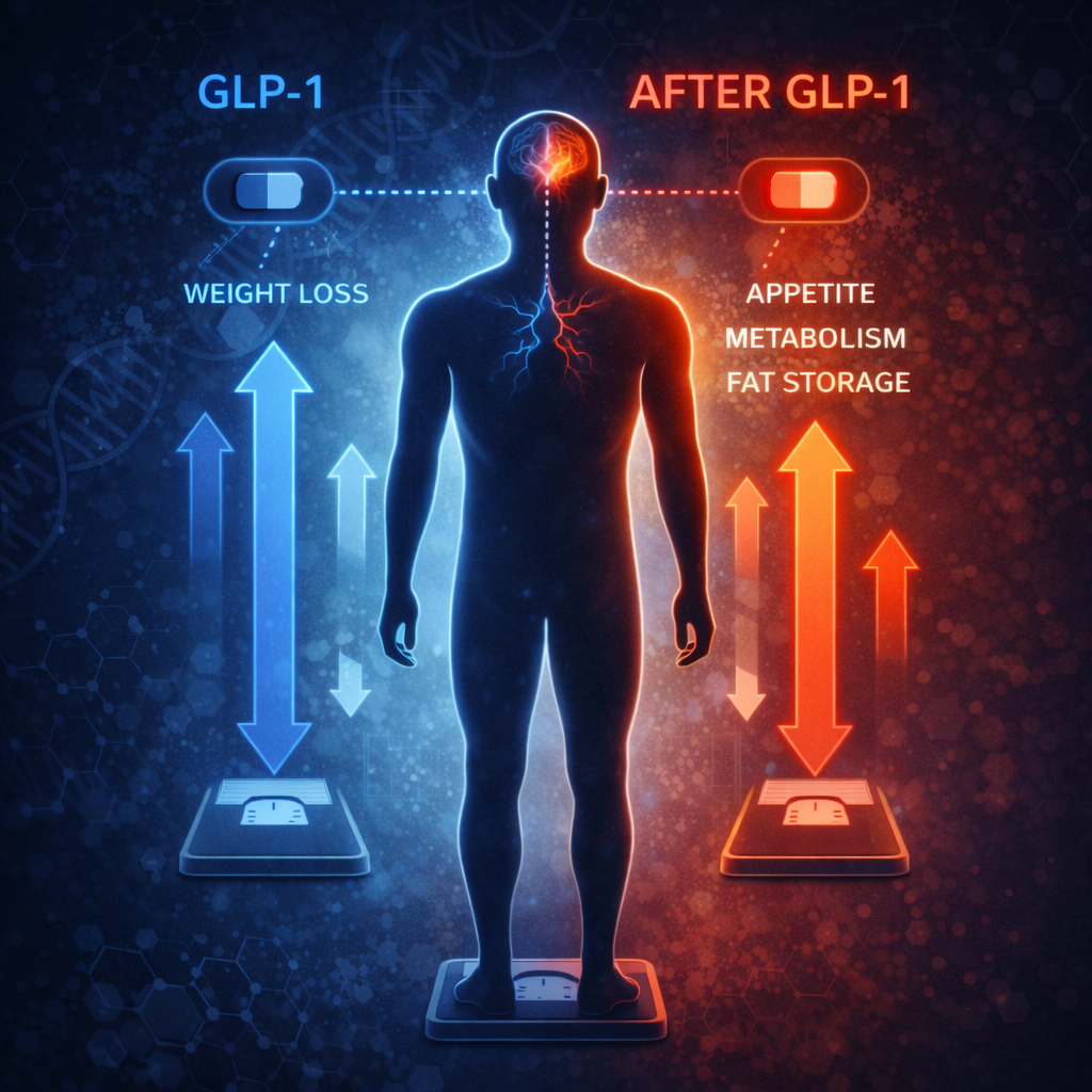 Illustration showing biological mechanisms causing weight regain after stopping GLP-1 medications, including appetite signaling and metabolic adaptation.