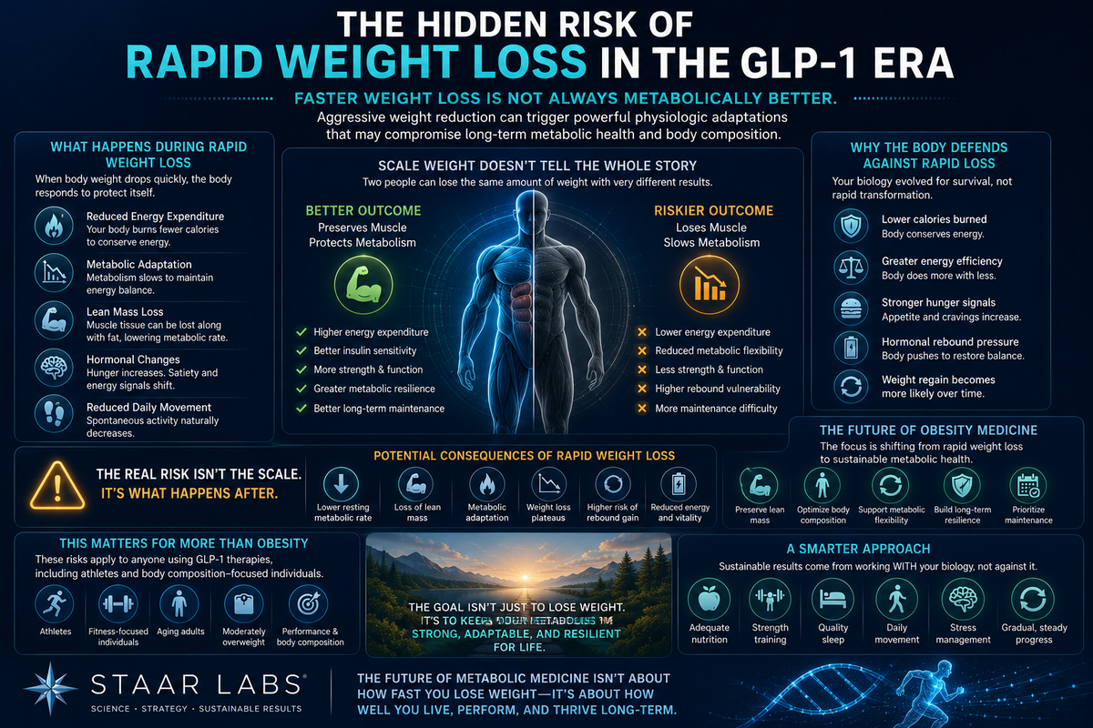 Futuristic metabolic medicine illustration showing rapid weight loss, lean mass reduction, metabolic adaptation, body composition changes, and long-term metabolic sustainability during GLP-1 therapy.