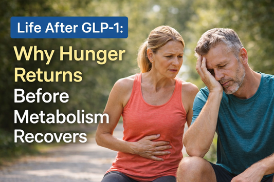 Illustration showing hunger returning before metabolic recovery after GLP-1 therapy, highlighting the transition phase of post-GLP-1 weight maintenance.