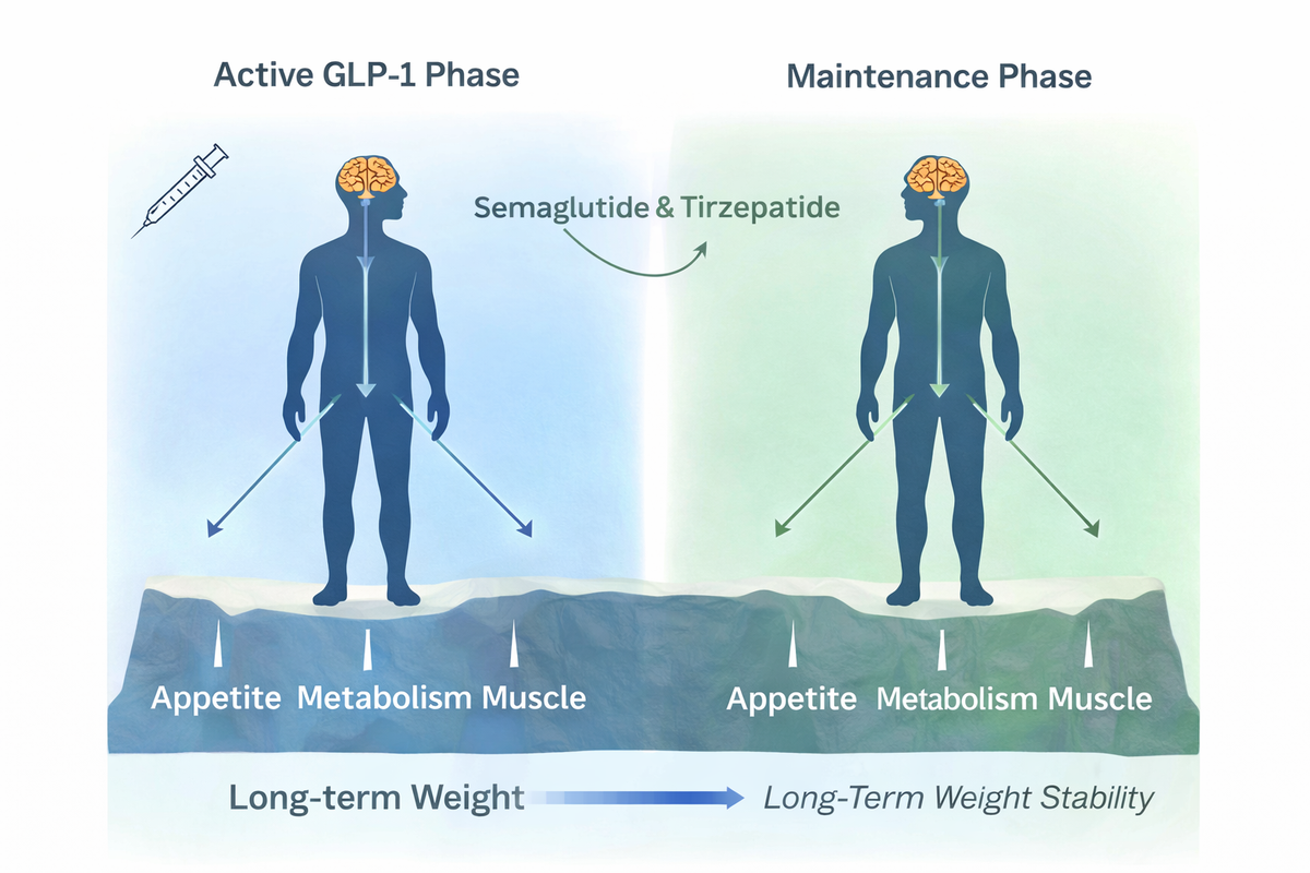 Infographic showing how the brain regulates long-term weight maintenance after GLP-1 medications like semaglutide and tirzepatide