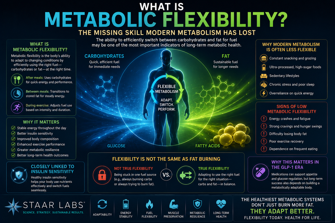 Futuristic metabolic physiology illustration showing the body’s ability to switch between carbohydrate and fat utilization, highlighting metabolic flexibility, fuel adaptability, insulin sensitivity, energy stability, and long-term metabolic health.
