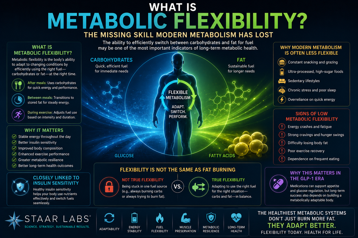 Futuristic metabolic physiology illustration showing the body’s ability to switch between carbohydrate and fat utilization, highlighting metabolic flexibility, fuel adaptability, insulin sensitivity, energy stability, and long-term metabolic health.
