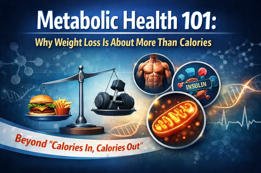 Illustration showing how metabolic health, muscle mass, and energy balance influence sustainable weight loss beyond calorie restriction