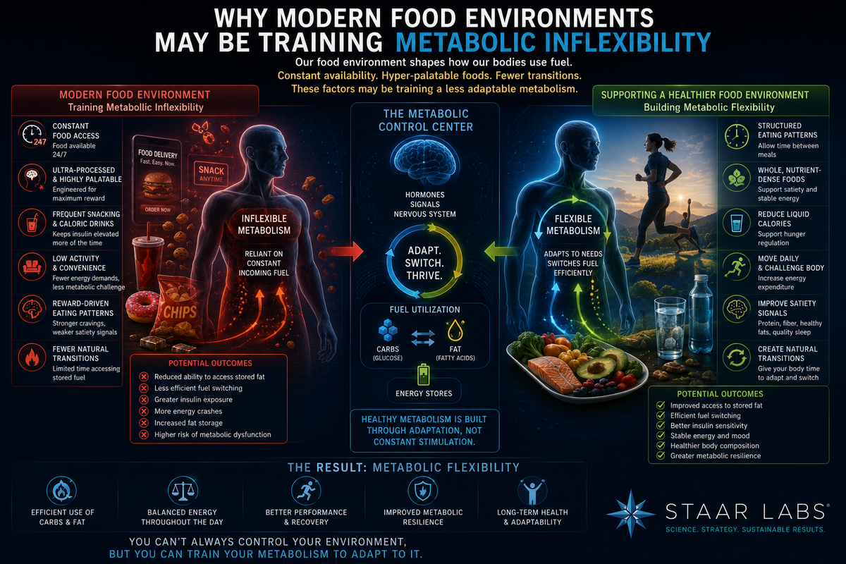 Futuristic metabolic health illustration showing constant food availability, ultra-processed foods, appetite signaling, fuel utilization, energy storage, and the development of metabolic inflexibility